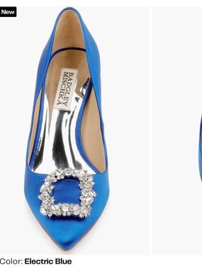 Badgley Mischka Electric Blue Satin Pointed Toe Pump with Crystal Square Accent
